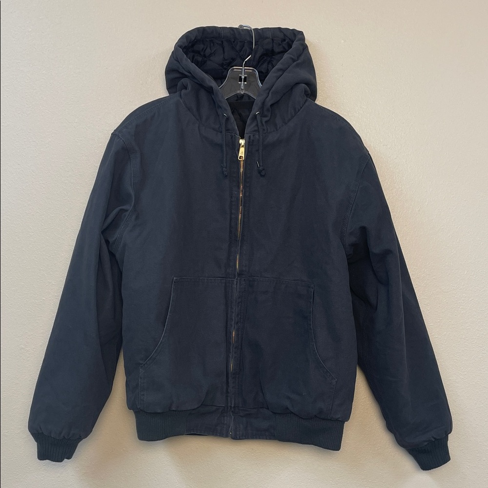 Vntg Dunbrooke duck cloth zipper hooded work coat quilt lining navy MM